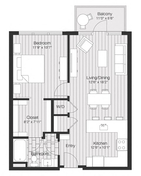 Floor plan for 1 bed, 1 bath, 750 sqft